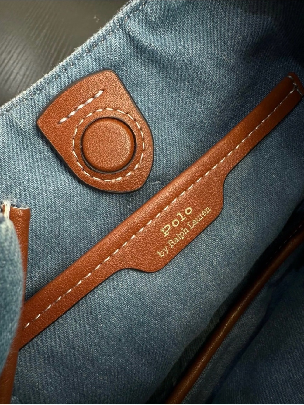 Ralph Lauren Denim Crescent Tote with Brown Leather Strap and Gold Plaque - Picture 7 of 8